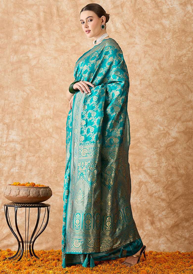 Sky Blue Silk Blend Saree Set with Embroidered for Diwali | Wedding & Festive Wear - Indya