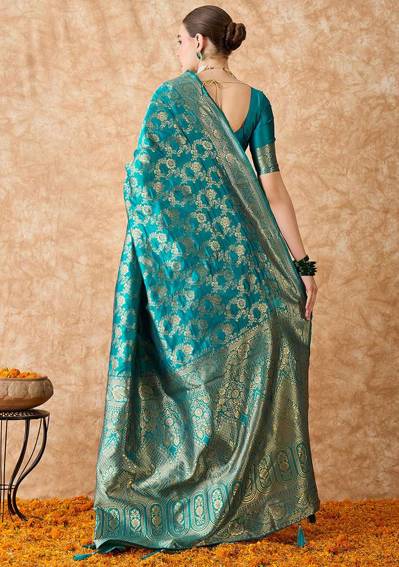 Sky Blue Silk Blend Saree Set with Embroidered for Diwali | Wedding & Festive Wear - Indya