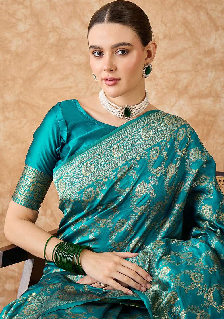 Sky Blue Silk Blend Saree Set with Embroidered for Diwali | Wedding & Festive Wear - Indya