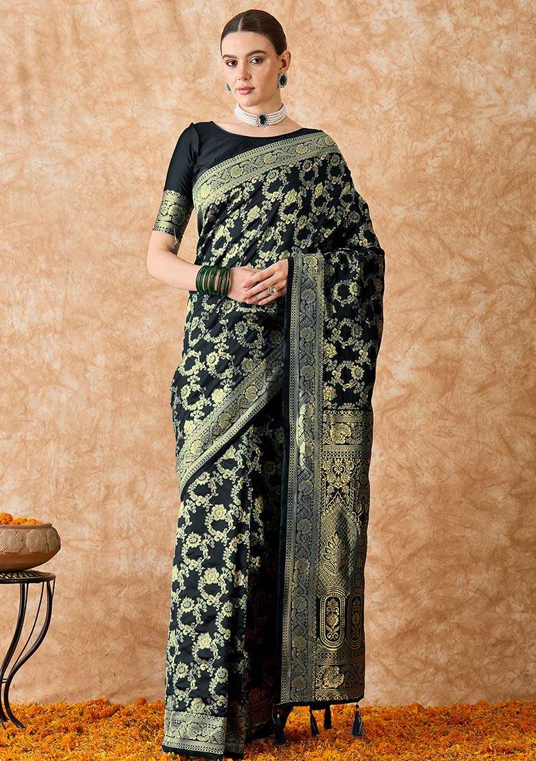 Black Embroidered Silk Blend Saree Set for Diwali and Festive Wear - Indya