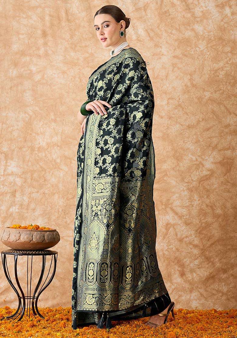 Black Embroidered Silk Blend Saree Set for Diwali and Festive Wear - Indya