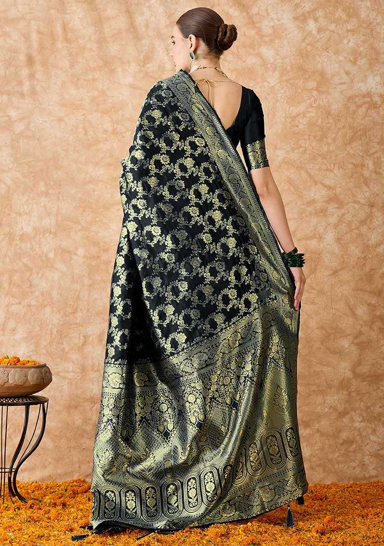 Black Embroidered Silk Blend Saree Set for Diwali and Festive Wear - Indya