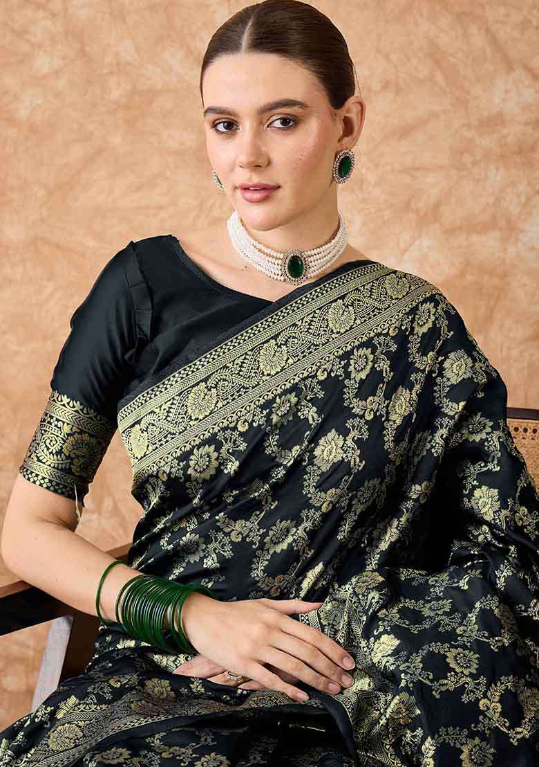 Black Embroidered Silk Blend Saree Set for Diwali and Festive Wear - Indya
