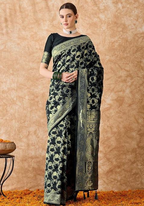 Black Embroidered Silk Saree Set