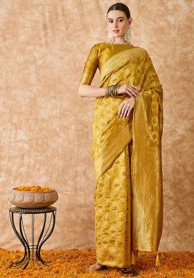 Mustard Embroidered Silk Saree Set