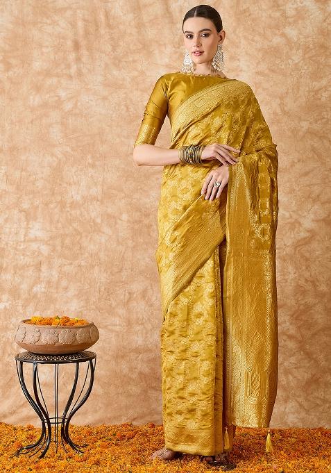 Mustard Embroidered Silk Saree Set