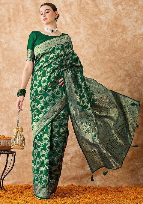Green Embroidered Silk Saree Set