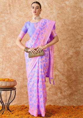 Lavender Embroidered Silk Saree Set