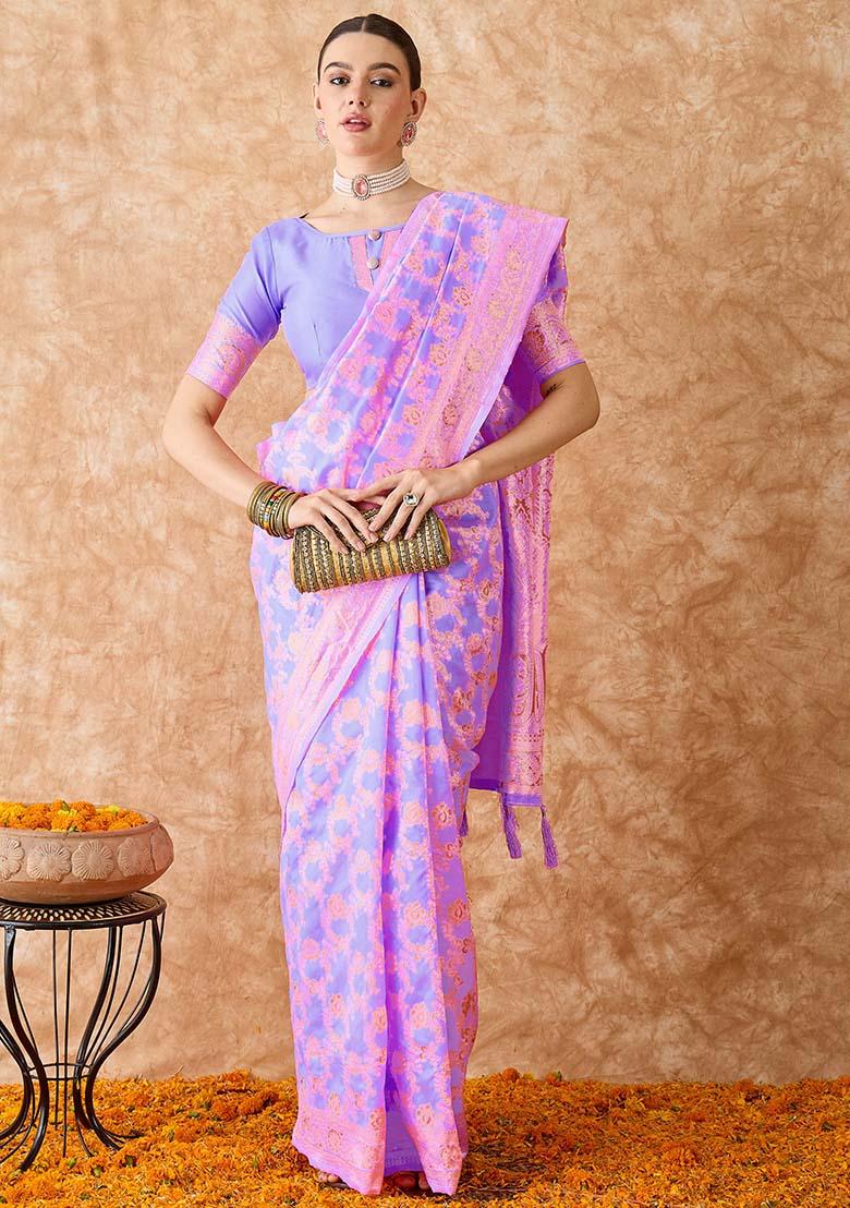 Lavender Embroidered Silk Saree Set