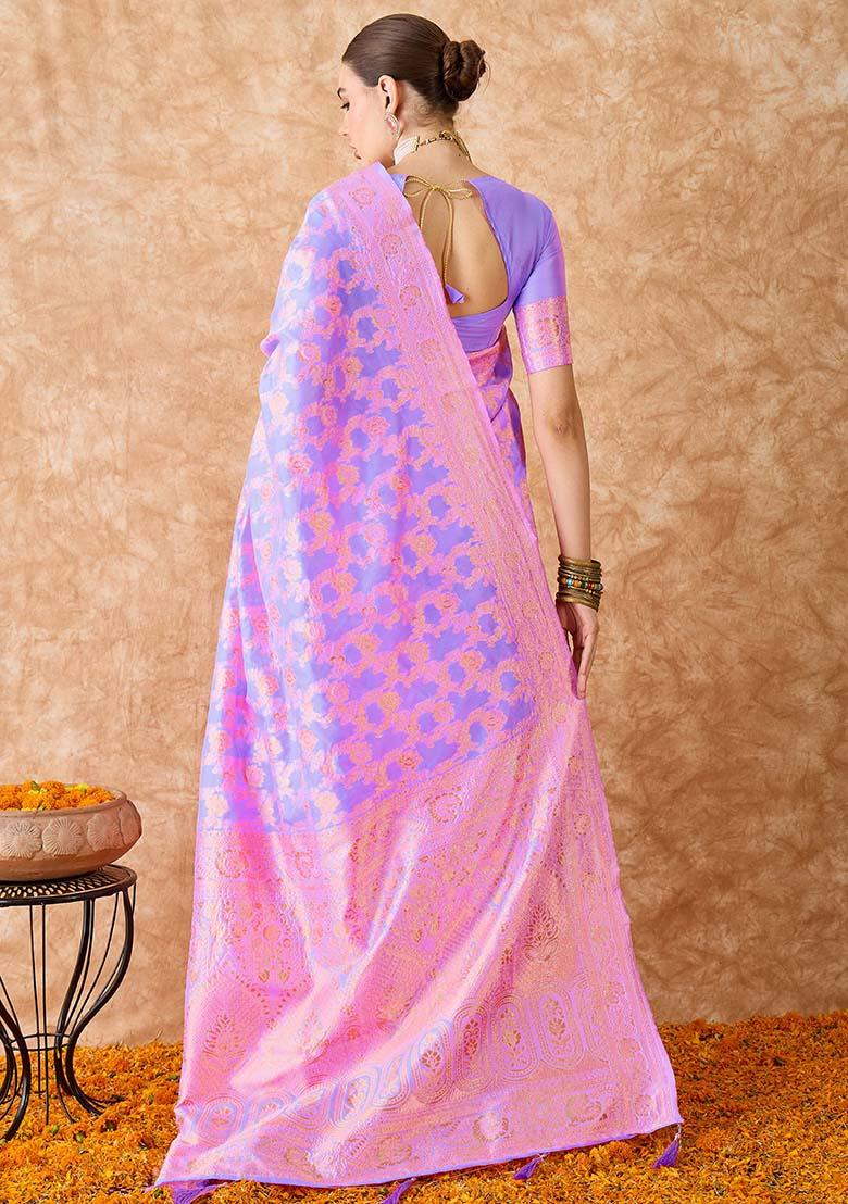 Lavender Embroidered Silk Saree Set