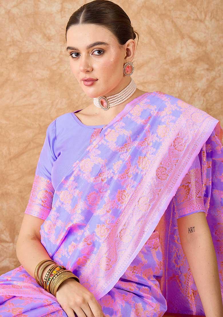 Lavender Embroidered Silk Saree Set
