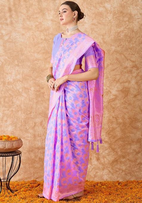 Lavender Embroidered Silk Saree Set