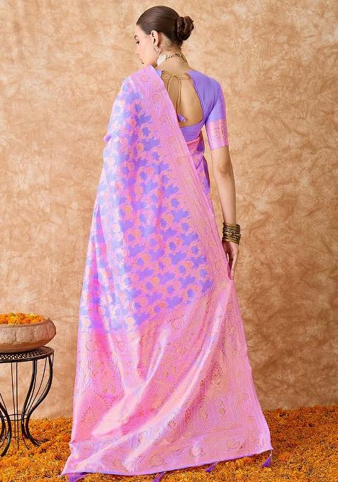 Lavender Embroidered Silk Saree Set