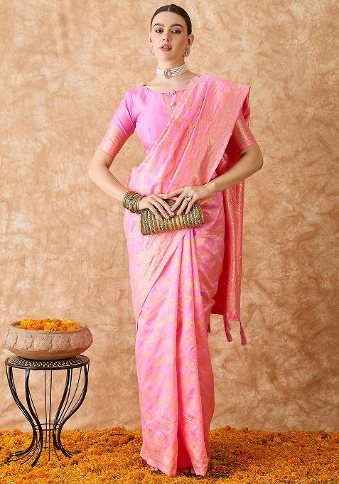 Baby Pink Embroidered Silk Saree Set