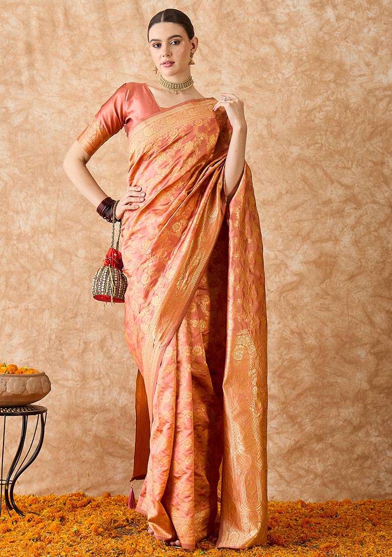 Peach Silk Blend Saree Set with Embroidered for Diwali | Wedding & Festive Wear - Indya