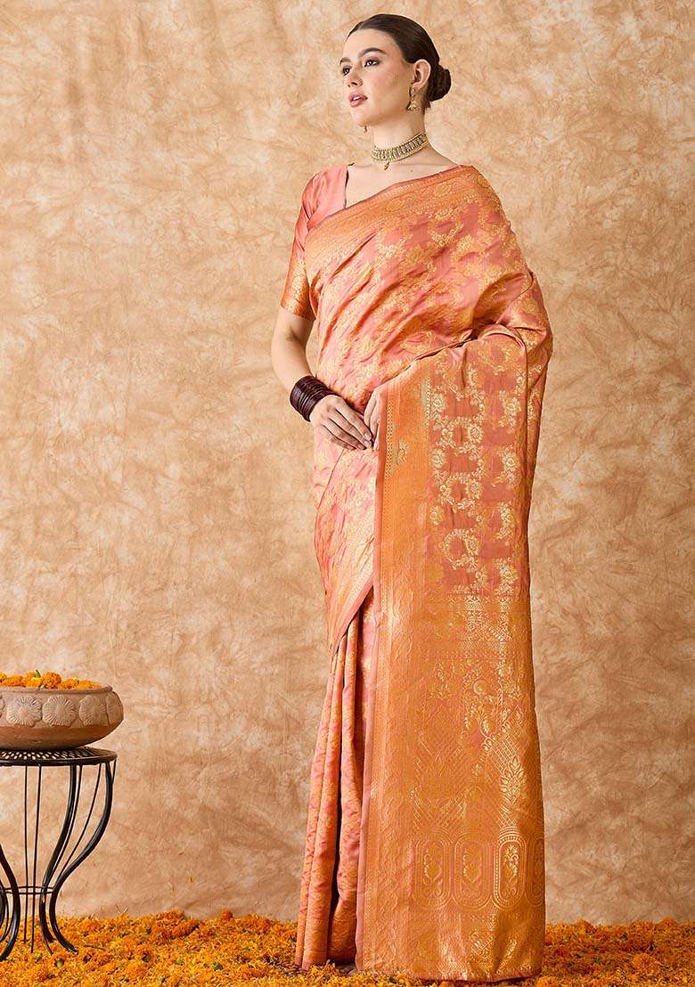 Peach Silk Blend Saree Set with Embroidered for Diwali | Wedding & Festive Wear - Indya