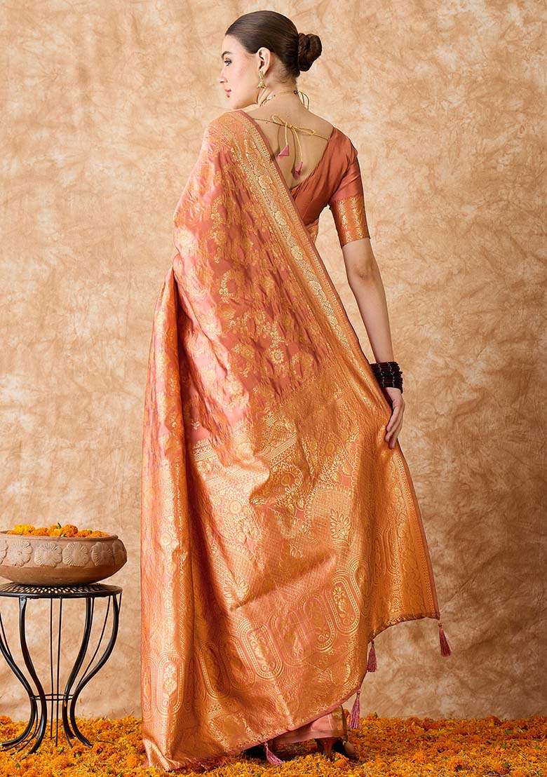Peach Silk Blend Saree Set with Embroidered for Diwali | Wedding & Festive Wear - Indya