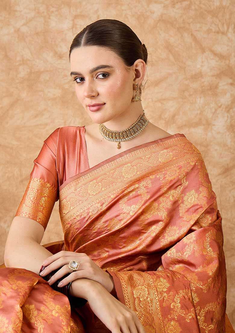 Peach Silk Blend Saree Set with Embroidered for Diwali | Wedding & Festive Wear - Indya