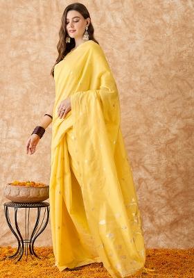 Yellow Embroidered Cotton Blend Saree Set