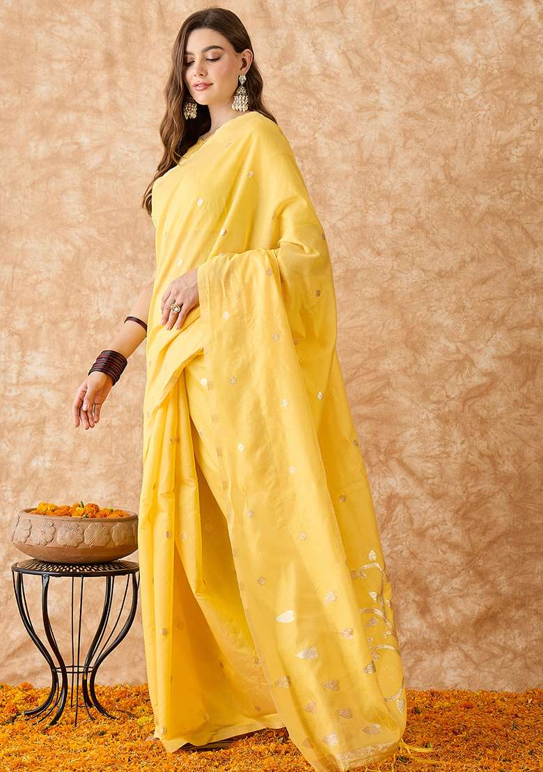 Yellow Embroidered Cotton Blend Saree Set - Indya