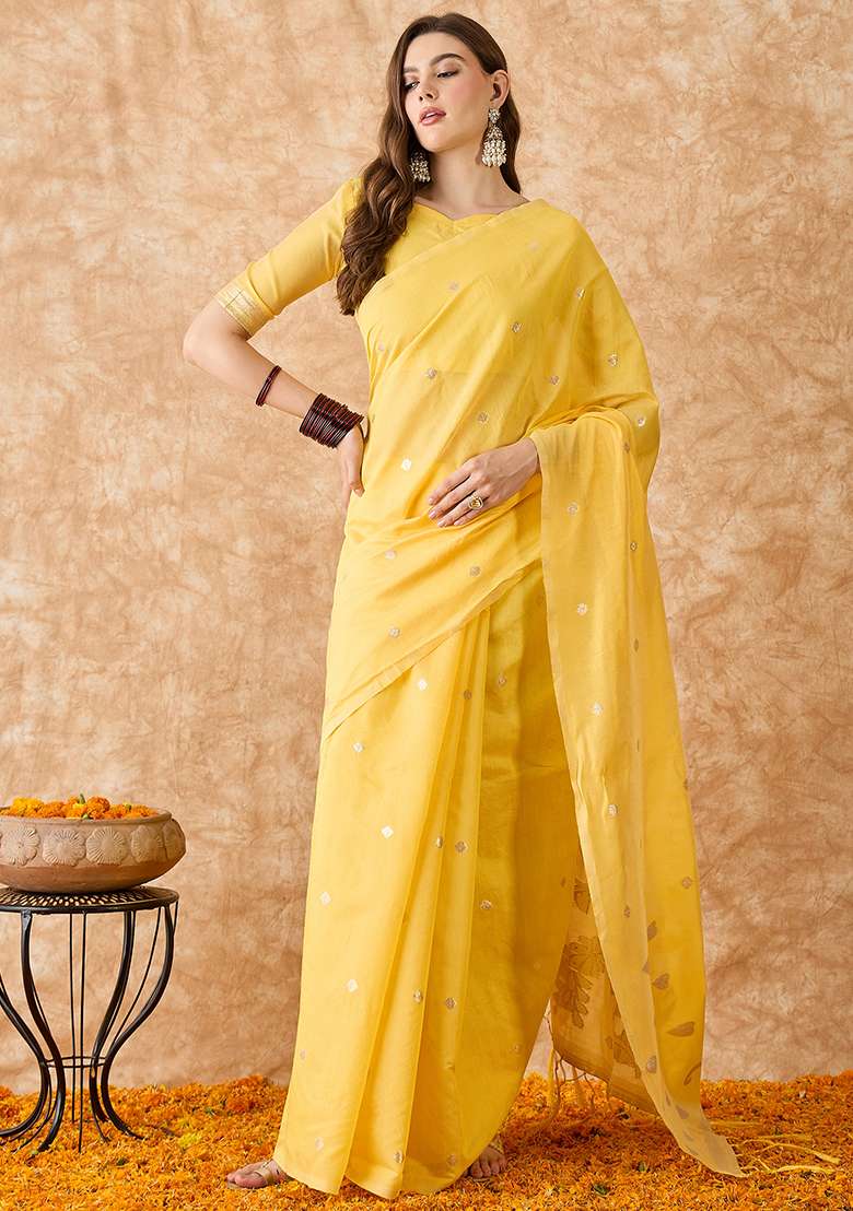 Yellow Embroidered Cotton Blend Saree Set - Indya