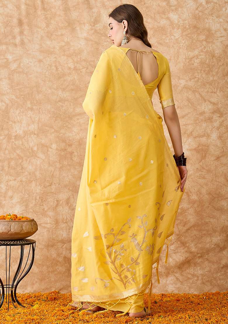 Yellow Embroidered Cotton Blend Saree Set - Indya