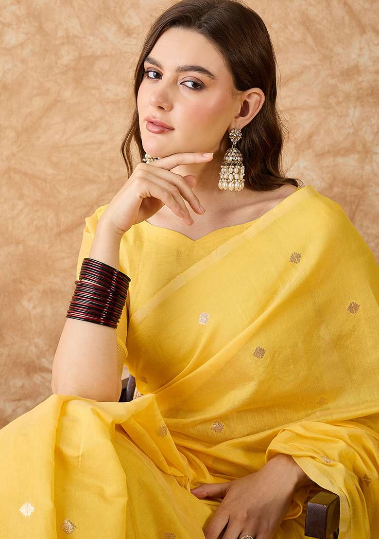 Yellow Embroidered Cotton Blend Saree Set - Indya