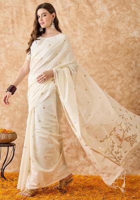 Off White Embroidered Cotton Blend Saree Set