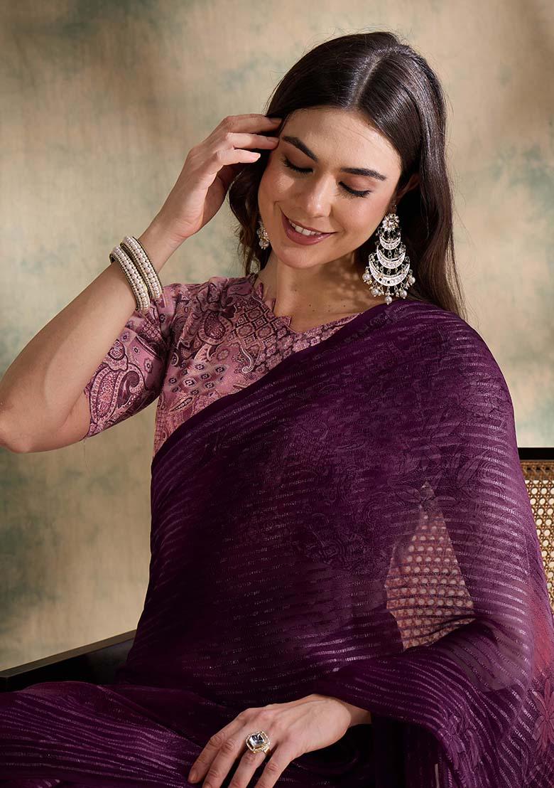 Burgundy Embroidered Sparkle Lining Saree Set