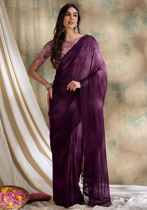 Burgundy Embroidered Sparkle Lining Saree Set