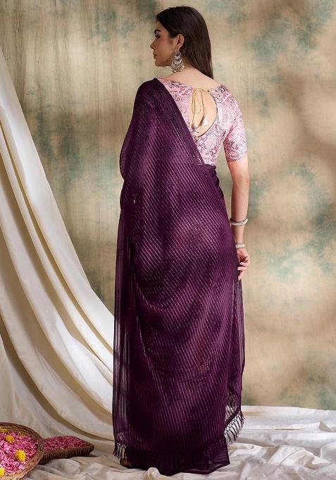 Burgundy Embroidered Sparkle Lining Saree Set