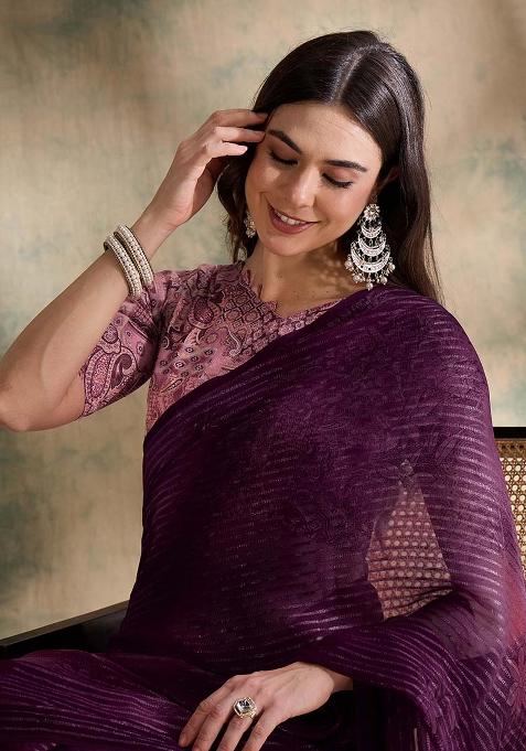 Burgundy Embroidered Sparkle Lining Saree Set