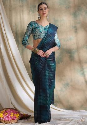 Teal Embroidered Sparkle Lining Saree Set