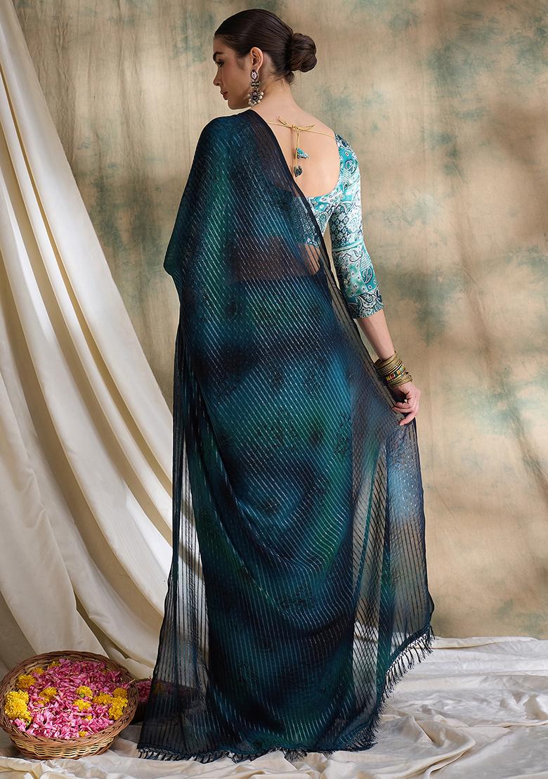 Teal Embroidered Sparkle Lining Saree Set