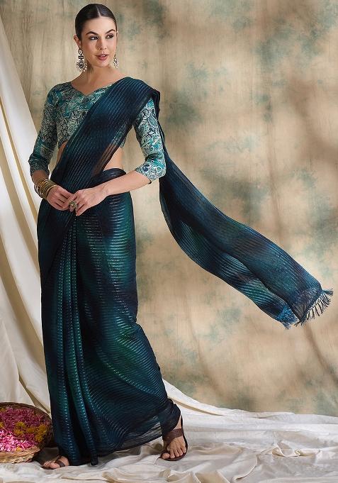 Teal Embroidered Sparkle Lining Saree Set