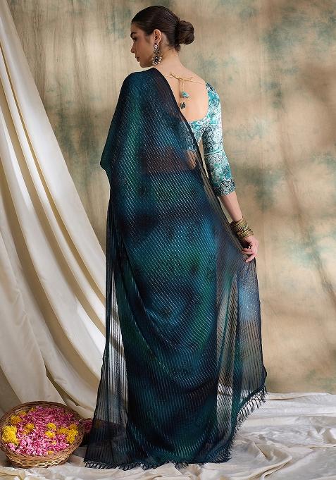 Teal Embroidered Sparkle Lining Saree Set