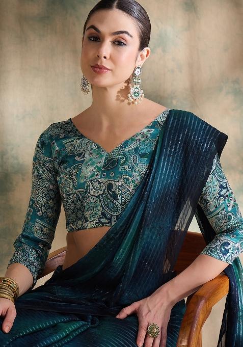 Teal Embroidered Sparkle Lining Saree Set