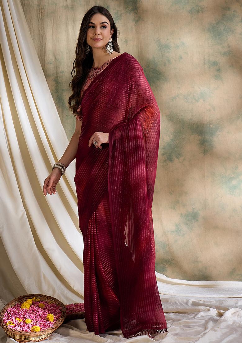 Red Embroidered Sparkle Lining Saree Set