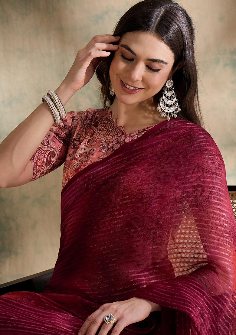 Red Embroidered Sparkle Lining Saree Set