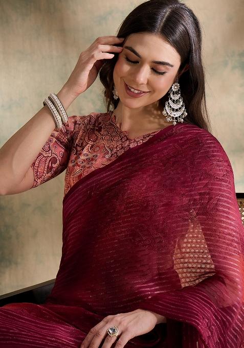 Red Embroidered Sparkle Lining Saree Set