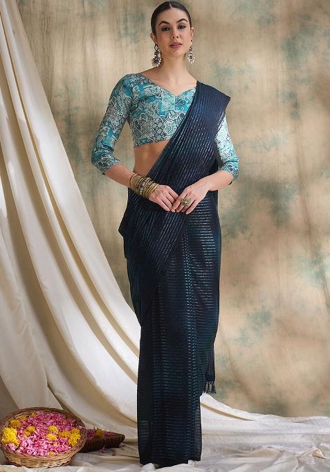 Navy Blue Embroidered Sparkle Lining Saree Set