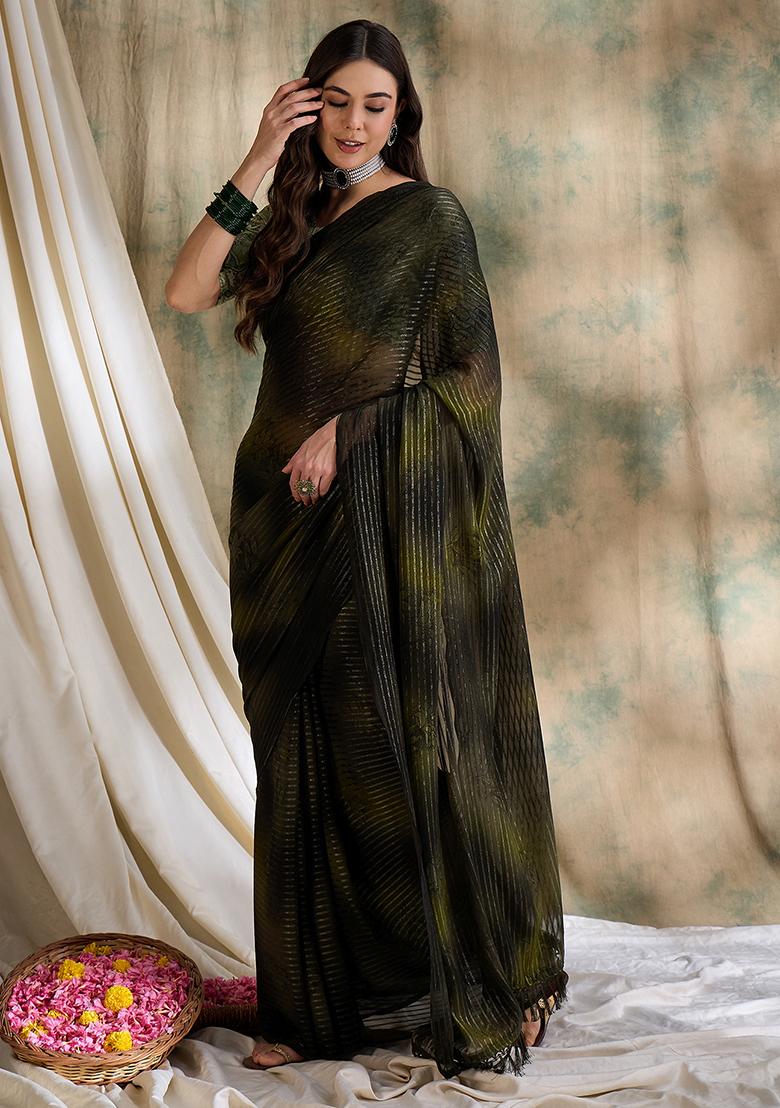 Olive Green Embroidered Sparkle Lining Saree Set