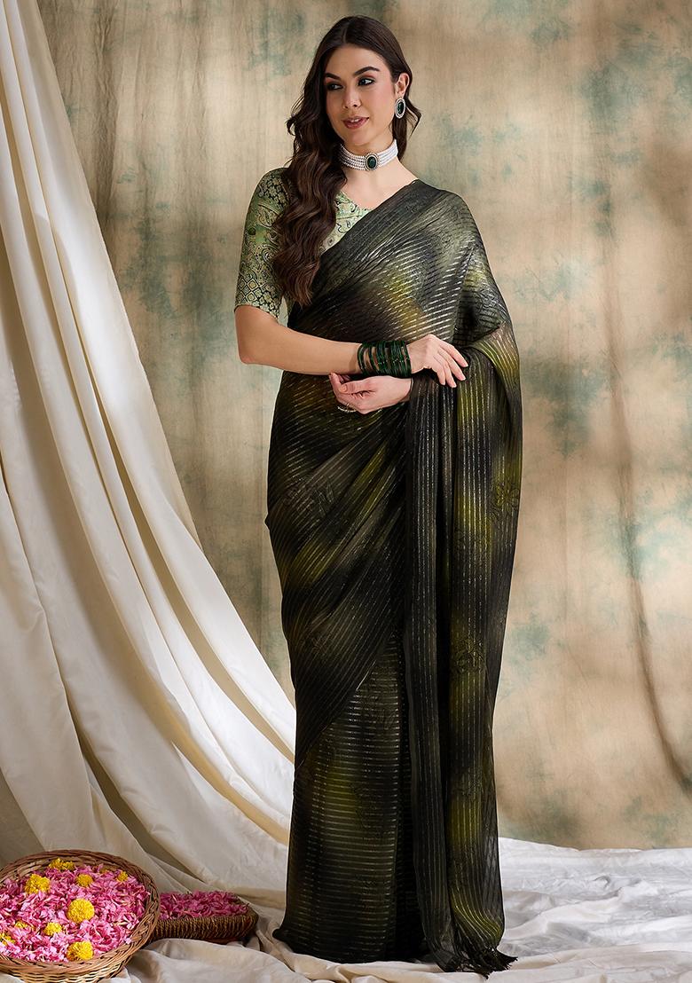 Olive Green Embroidered Sparkle Lining Saree Set