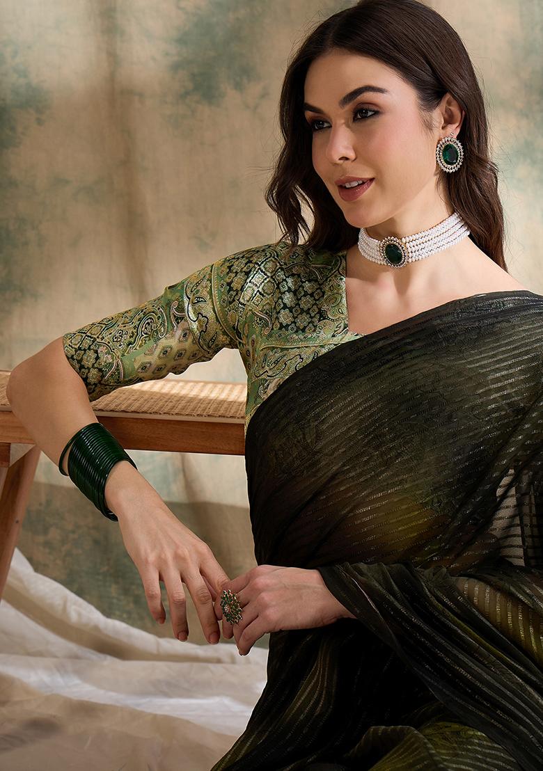 Olive Green Embroidered Sparkle Lining Saree Set