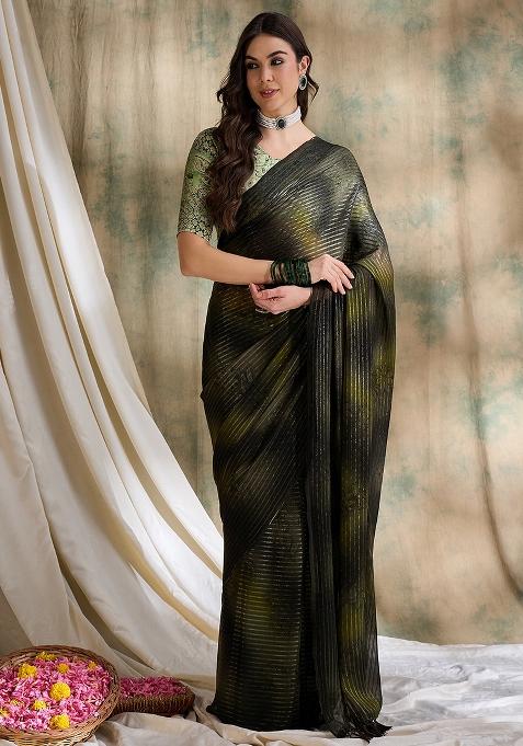 Olive Green Embroidered Sparkle Lining Saree Set