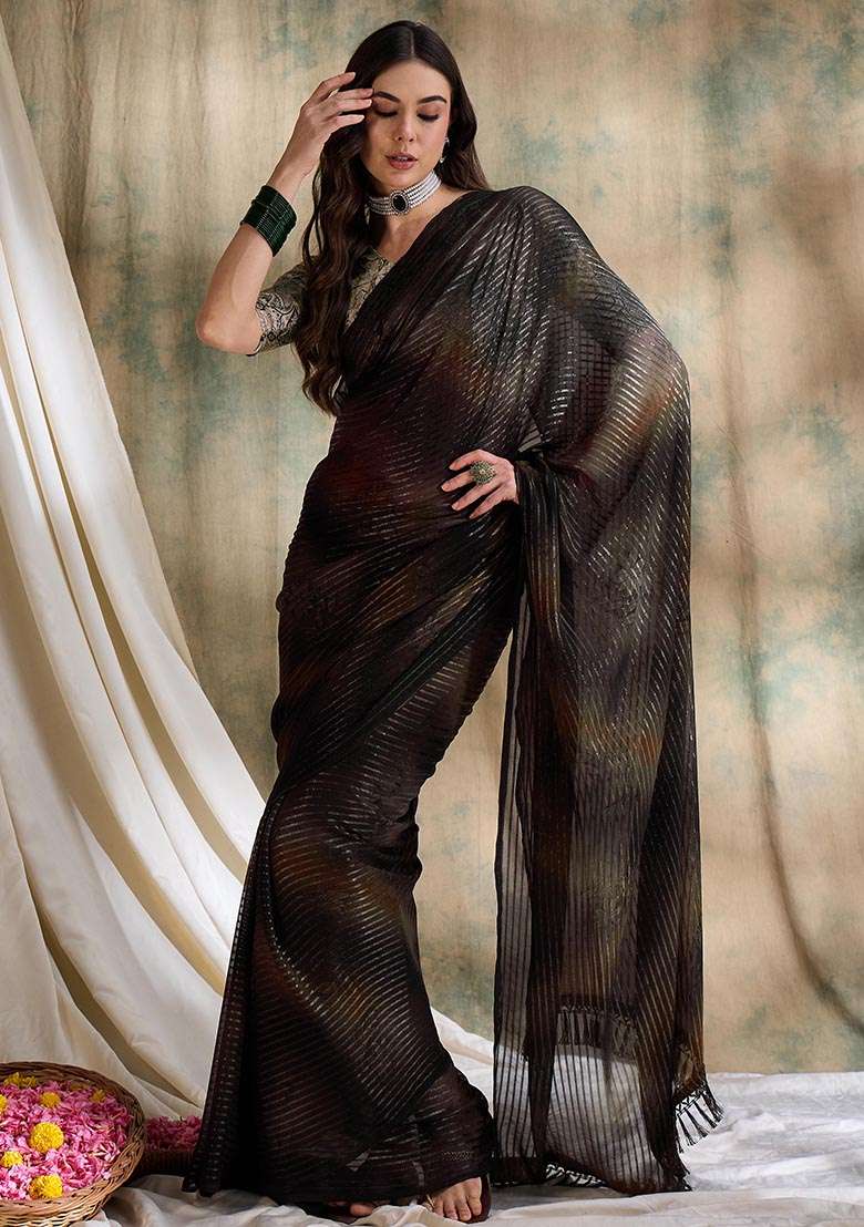 Coffee Brown Sparkle Lining Saree Set with Embroidered for Diwali | Wedding & Festive Wear - Indya