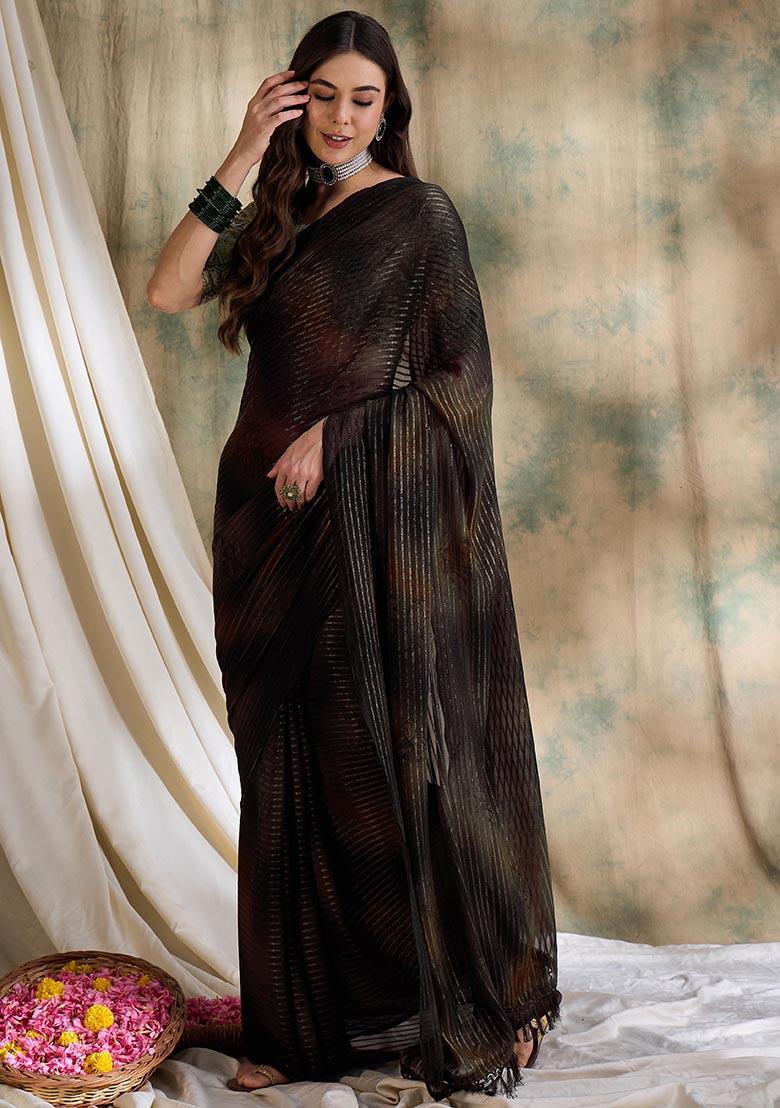 Coffee Brown Embroidered Sparkle Lining Saree Set - Indya