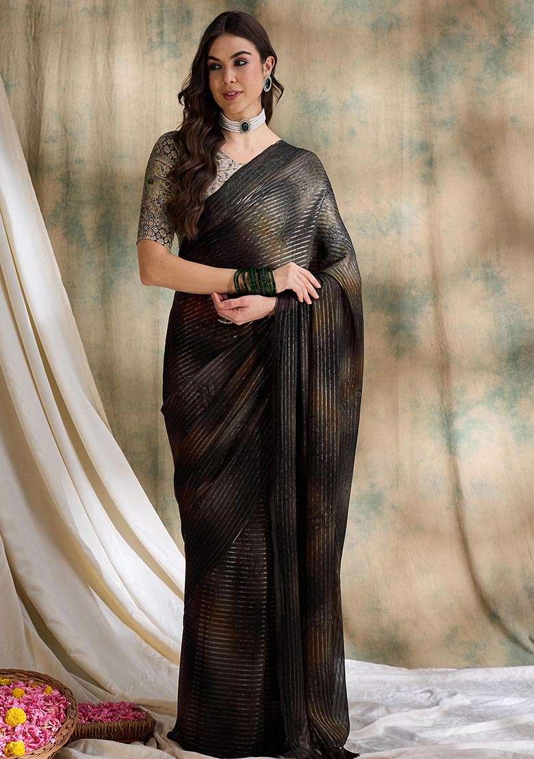 Coffee Brown Sparkle Lining Saree Set with Embroidered for Diwali | Wedding & Festive Wear - Indya