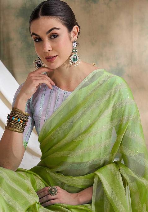 Pista Green Embroidered Silk Saree Set