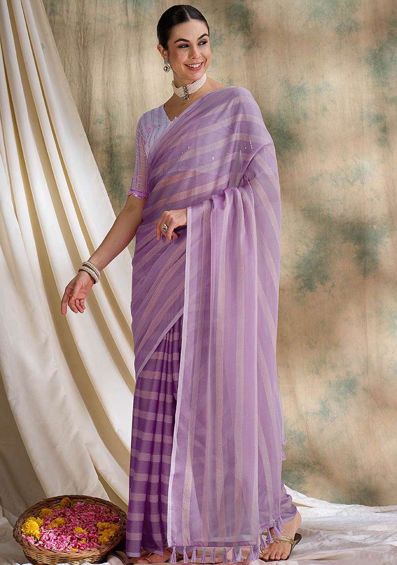 Lavender Embroidered Silk Blend Saree Set for Diwali and Festive Wear - Indya